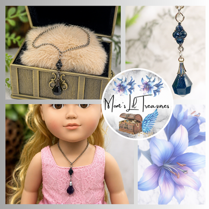 Black Teardrop Crystal & Rhinestone Dangle Necklace • 18” Fashion Doll Jewelry