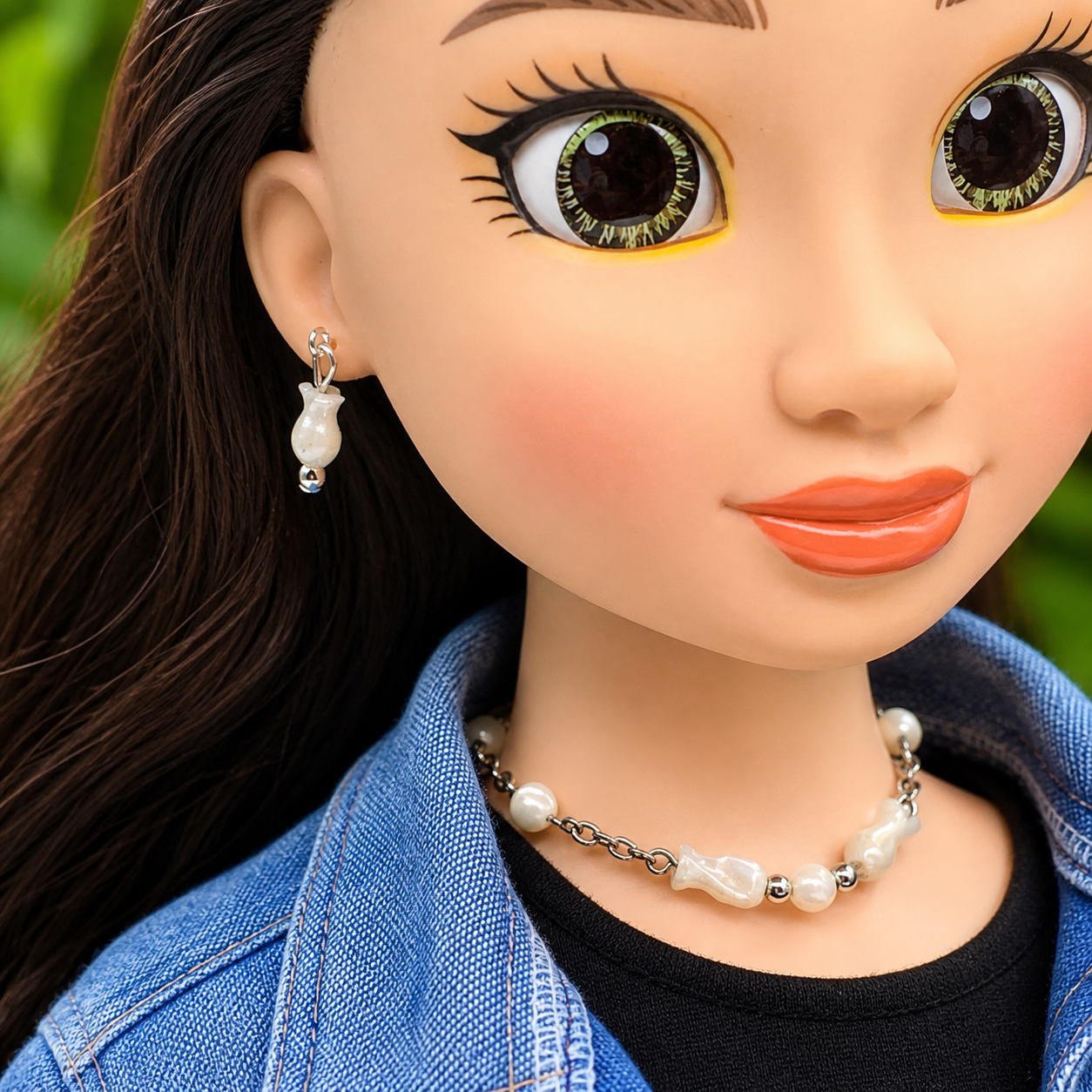 Cream Pearly Tulip Shape Beaded Doll Necklace Earring Set • 18 Inch Doll Jewelry