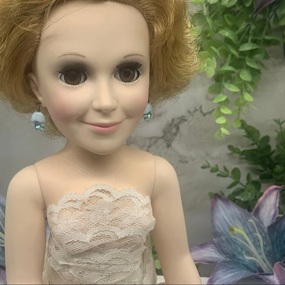 Light Blue Glass Rhinestone Flower Dangle Doll Earrings for 18-22” Vintage Doll
