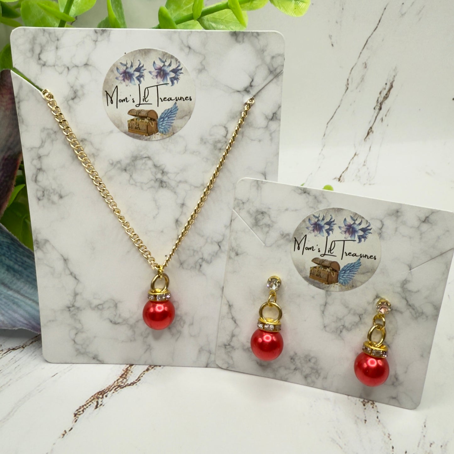 Red Pearly Christmas Ornament Charm Doll Necklace & Earrings Set • 18 Inch Fashion Doll Jewelry