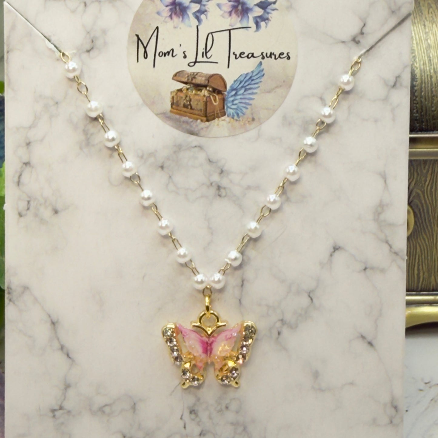 Purple White Butterfly Gold Charm Pearl Beaded Doll Necklace • 18 Inch Fashion Doll Jewelry