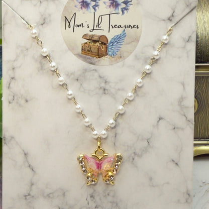 Purple White Butterfly Gold Charm Pearl Beaded Doll Necklace • 18 Inch Fashion Doll Jewelry