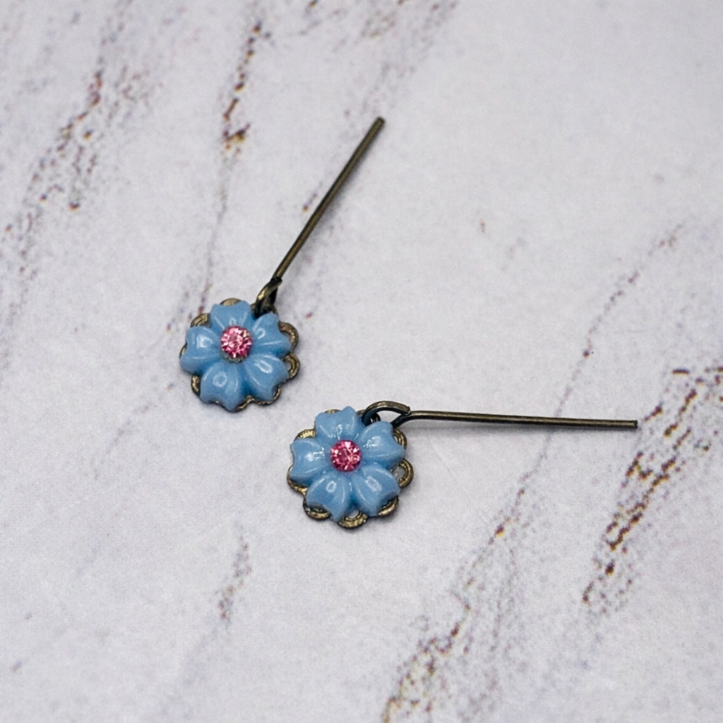 Light Blue Flower Pink Rhinestone Dangle Doll Earrings • 18 Inch Doll Jewelry