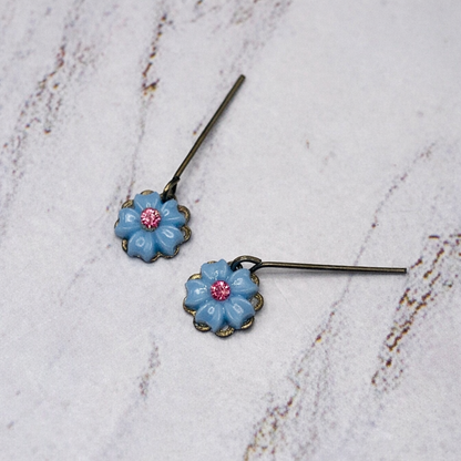 Light Blue Flower Pink Rhinestone Dangle Doll Earrings • 18 Inch Doll Jewelry