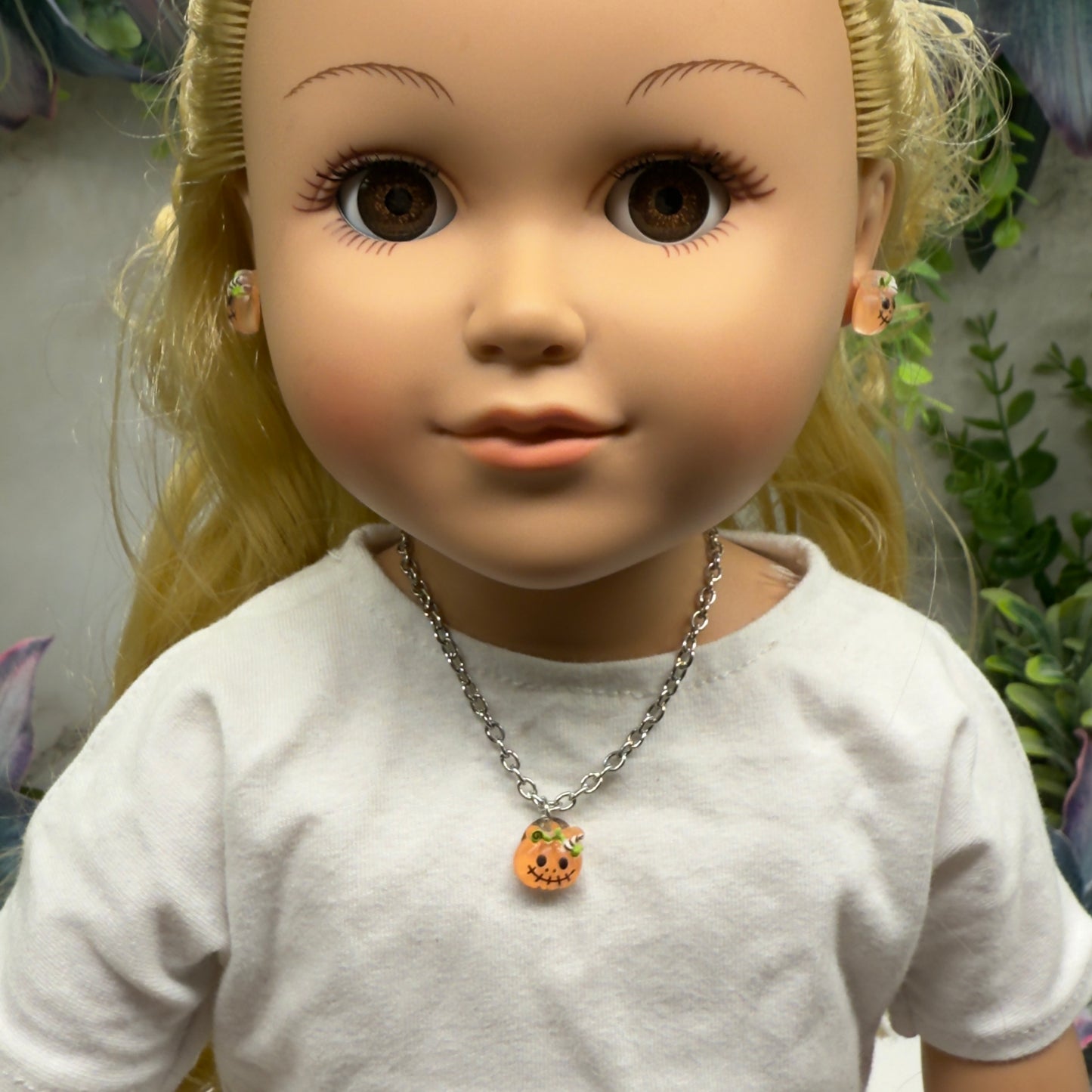 Pumpkin Halloween Acrylic Charm Doll Necklace and Earrings Set • 18 Inch Fashion Doll Jewelry