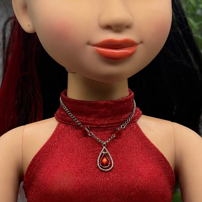 Red Glass Crystal Teardrop Rhinestone Pendant Silver Chain Doll Necklace • 18 Inch Fashion Doll Jewelry