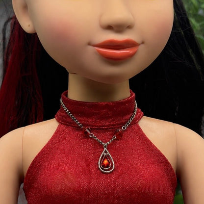 Red Glass Crystal Teardrop Rhinestone Pendant Silver Chain Doll Necklace • 18 Inch Fashion Doll Jewelry