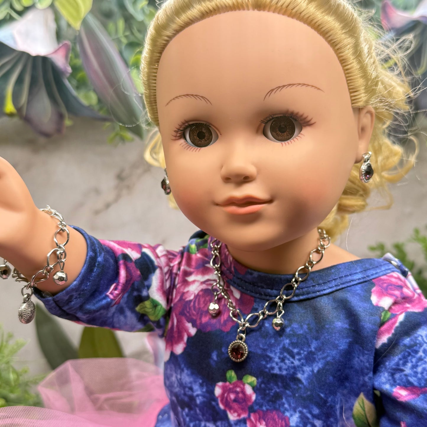 Purple Rhinestone Round Dangle Doll Necklace Bracelet & Earrings Set • 18 Inch Fashion Doll Jewelry
