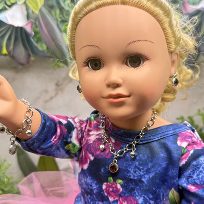Purple Rhinestone Round Dangle Doll Necklace Bracelet & Earrings Set • 18 Inch Fashion Doll Jewelry