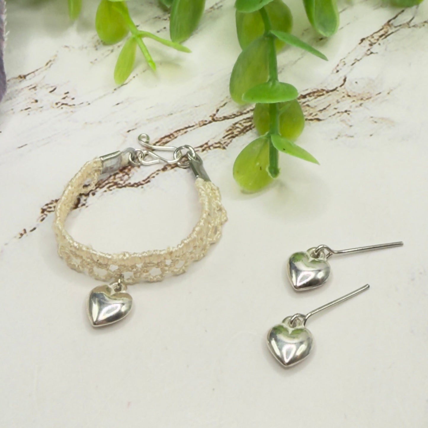 Beige Lace Choker Silver Heart Charm Doll Necklace & Earrings Set • 14 Inch Fashion Doll Jewelry