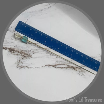 Turquoise Blue Glass Crystal -  Rhinestone Gold Tone 6” Pin • Hatpin - Stick Pin