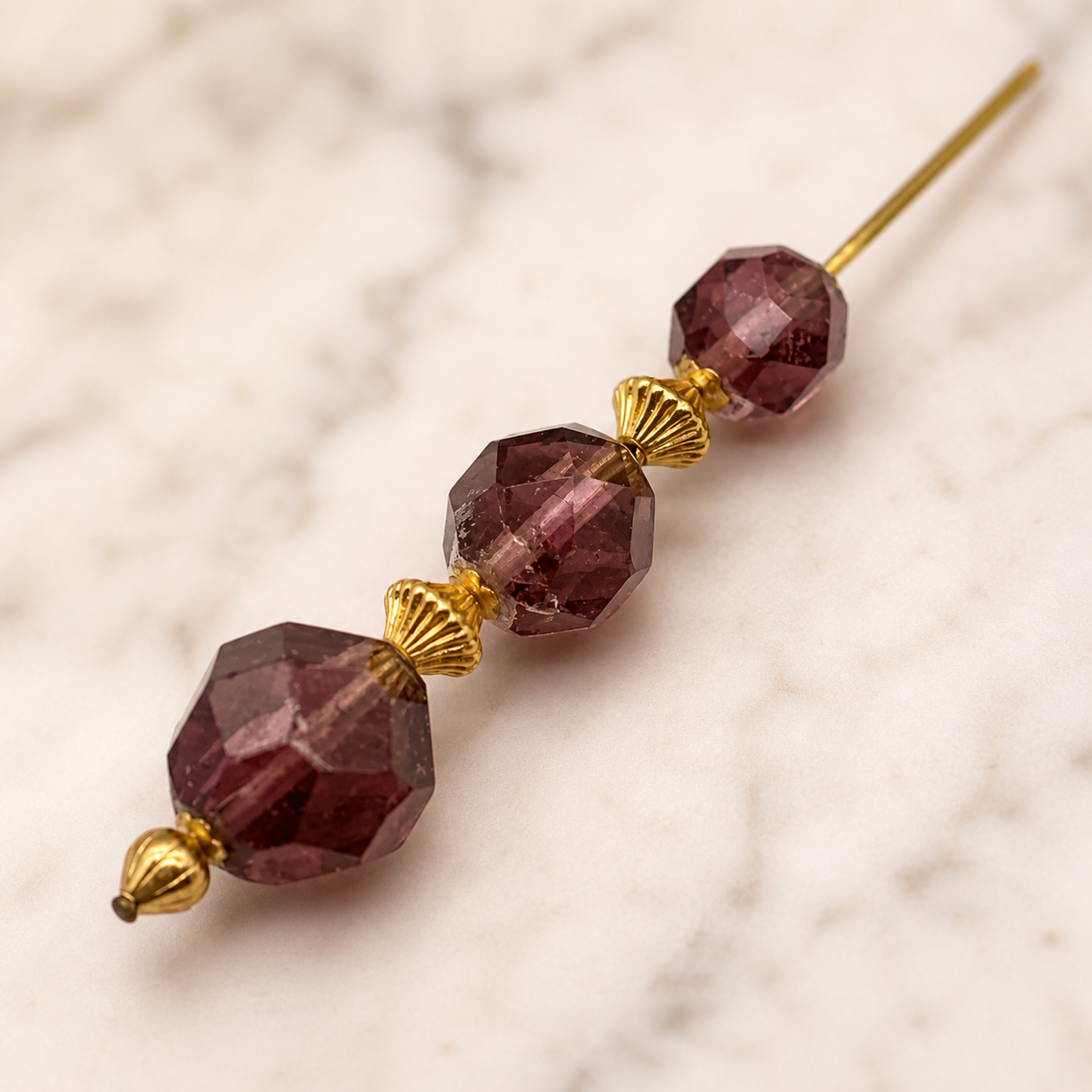 Purple Amethyst Glass Crystal Bead Gold Accents • 8” • Hatpin - Stick Pin