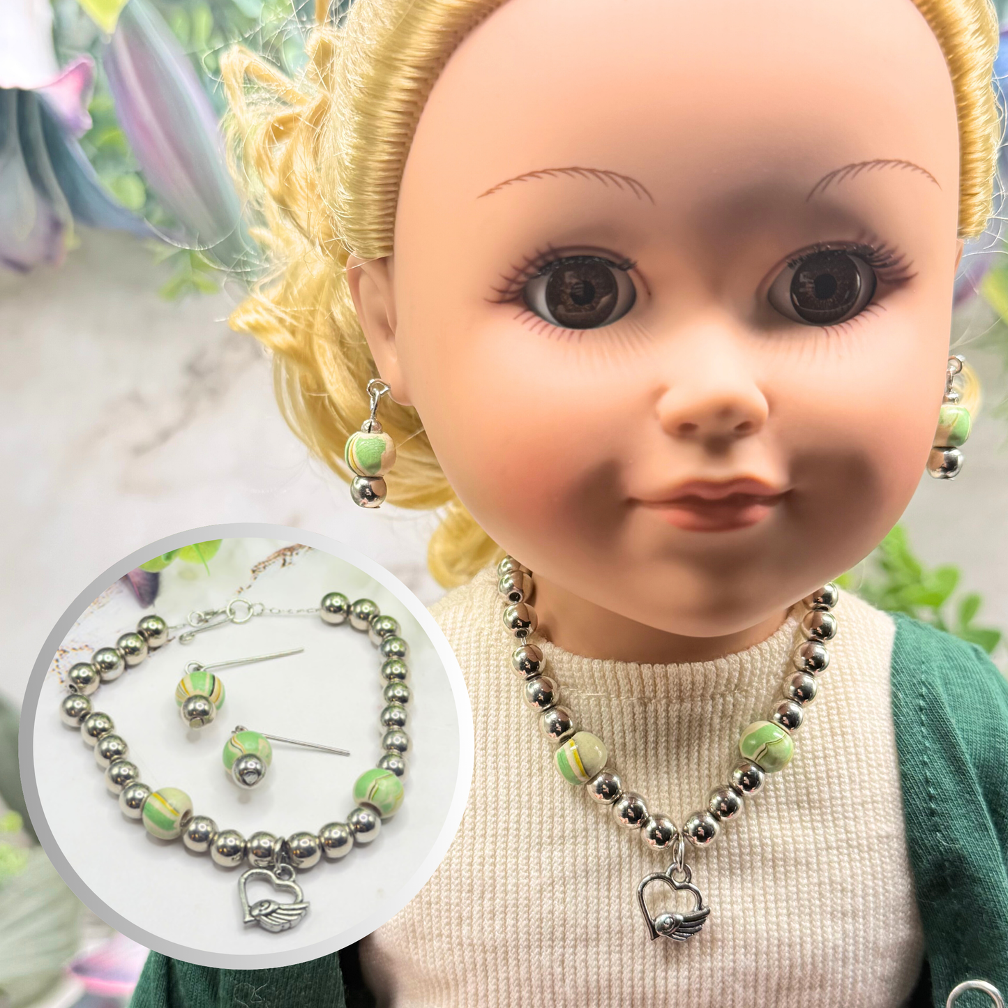 Green Swirl Pattern & Silver Beaded Winged Heart Charm Doll Necklace & Earrings Set • 18 Inch Fashion Doll Jewelry