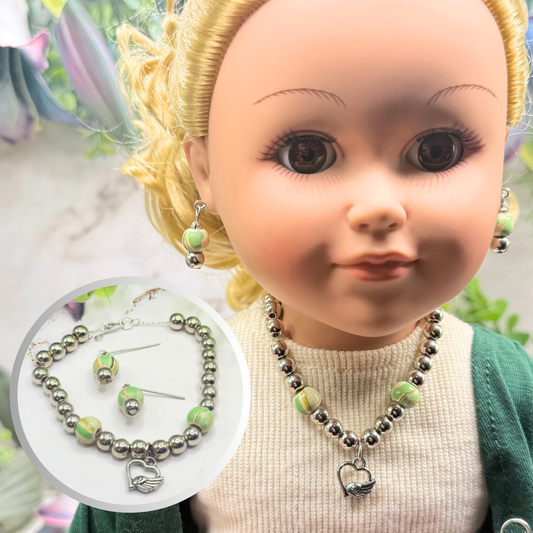 Green Swirl Pattern & Silver Beaded Winged Heart Charm Doll Necklace & Earrings Set • 18 Inch Fashion Doll Jewelry
