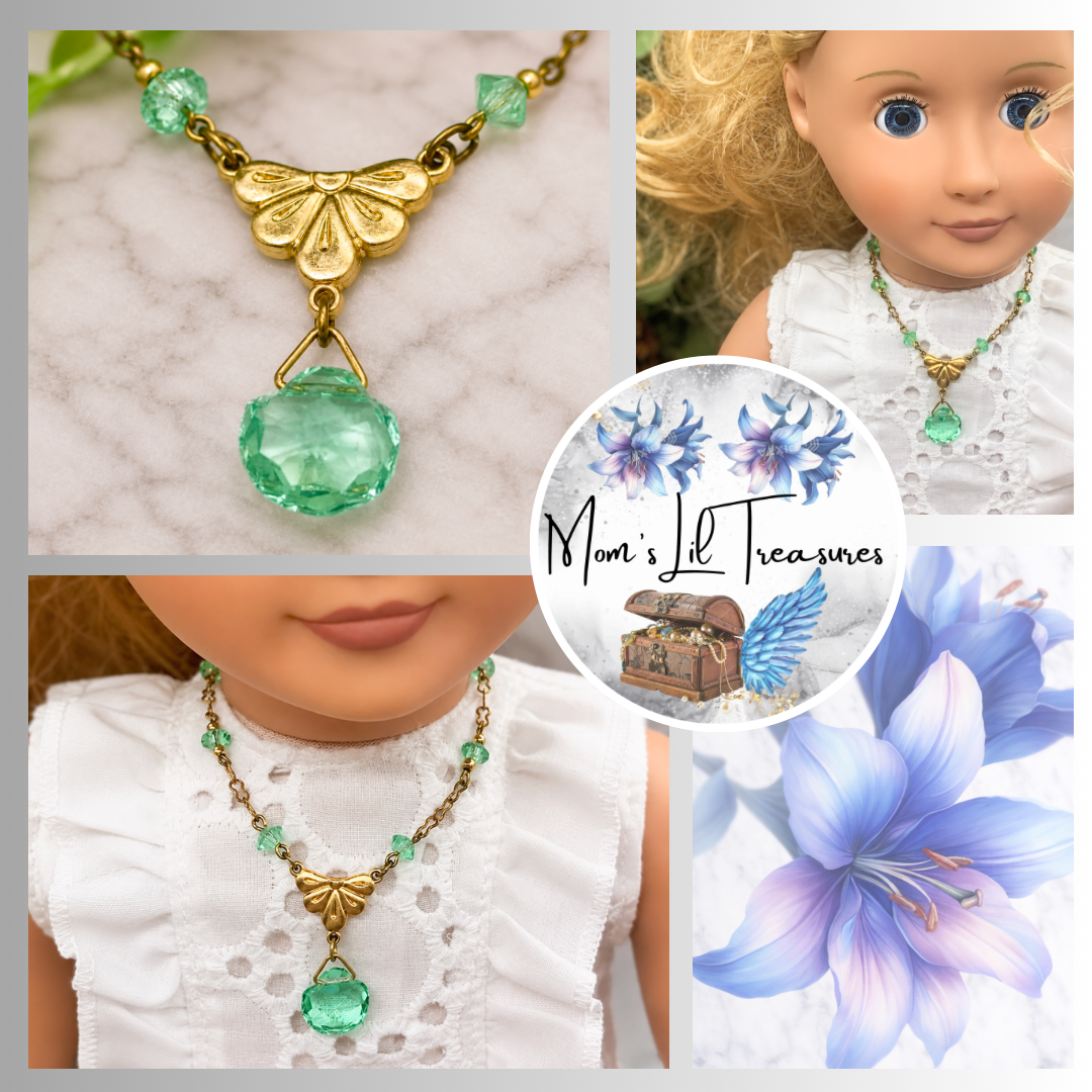 Green Glass Crystal Pendant Gold Doll Necklace • 18 Inch Fashion Doll Jewelry