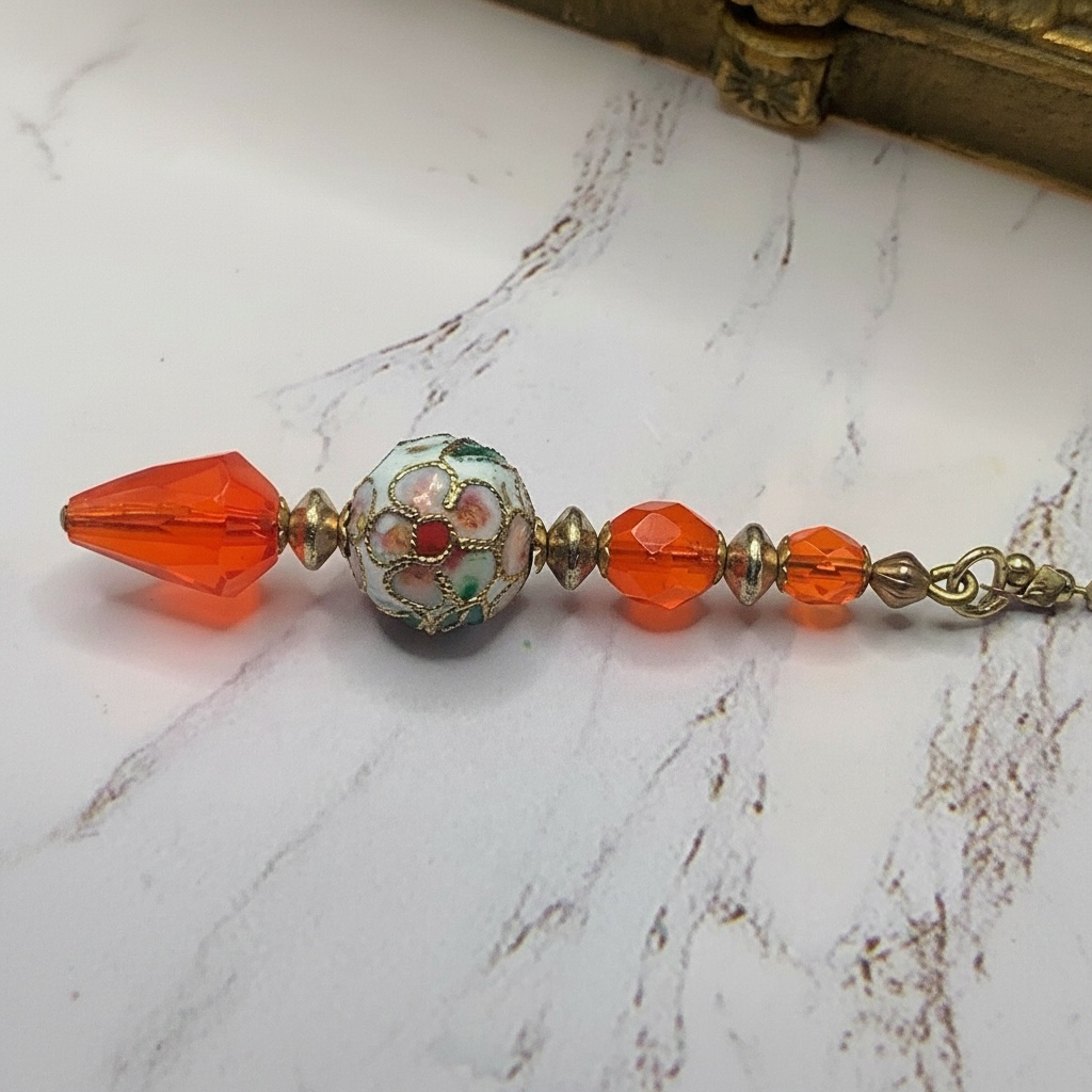 Decorative Orange Crystal Cloisonné Fan Pull • Light Chandelier Pull Chain