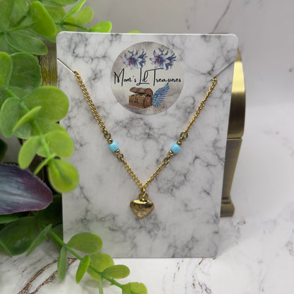 Blue Glass Bead Gold Chain Heart Charm Doll Necklace • 18 Inch Fashion Doll Jewelry