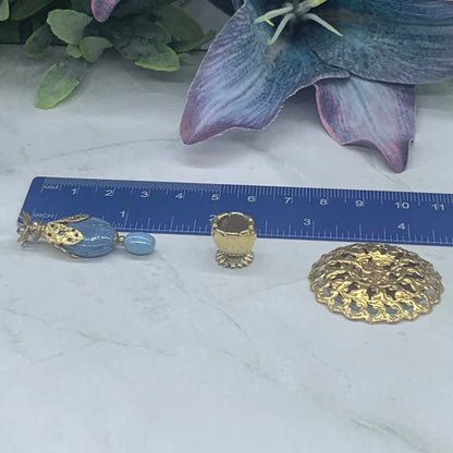 Blue Perfume Bottle and Mirrored Gold Vanity Tray Set • Dollhouse Miniatures