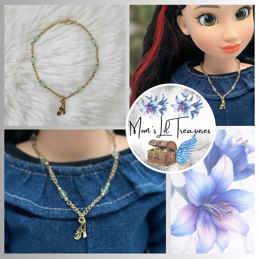 Initial Letter A Green Crystals Gold Doll Necklace • 18 inch Doll Jewelry