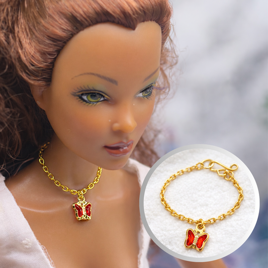 Gold Chain Red Crystal Butterfly Charm Doll Necklace • 16 Inch Fashion Doll Jewelry