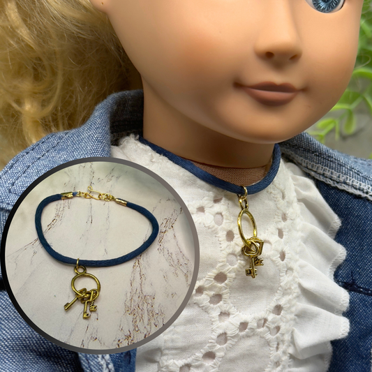 Blue Cord Gold Keys Pendant Doll Necklace • 18 Inch Fashion Doll Jewelry