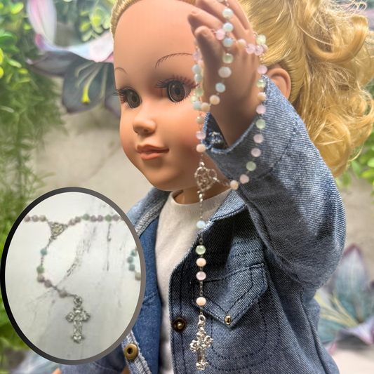 Pastel Blue Pink Green Glass Crystal Beaded Silver Cross • Doll Size Catholic Rosary