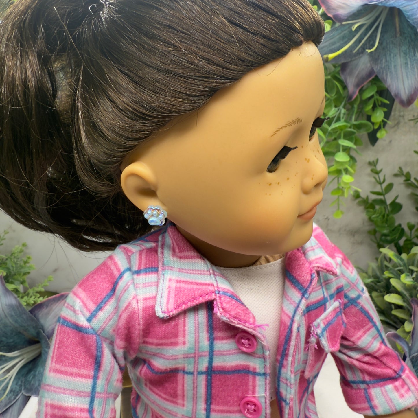 Light Blue Paw Print Acrylic Post Doll Earrings • 2mm Post fit 18 Inch Fashion Doll