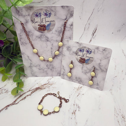 Cream Color & Brass Bronze Tone Round Link Doll Necklace Bracelet Earrings • 18 Inch Fashion Doll Jewelry