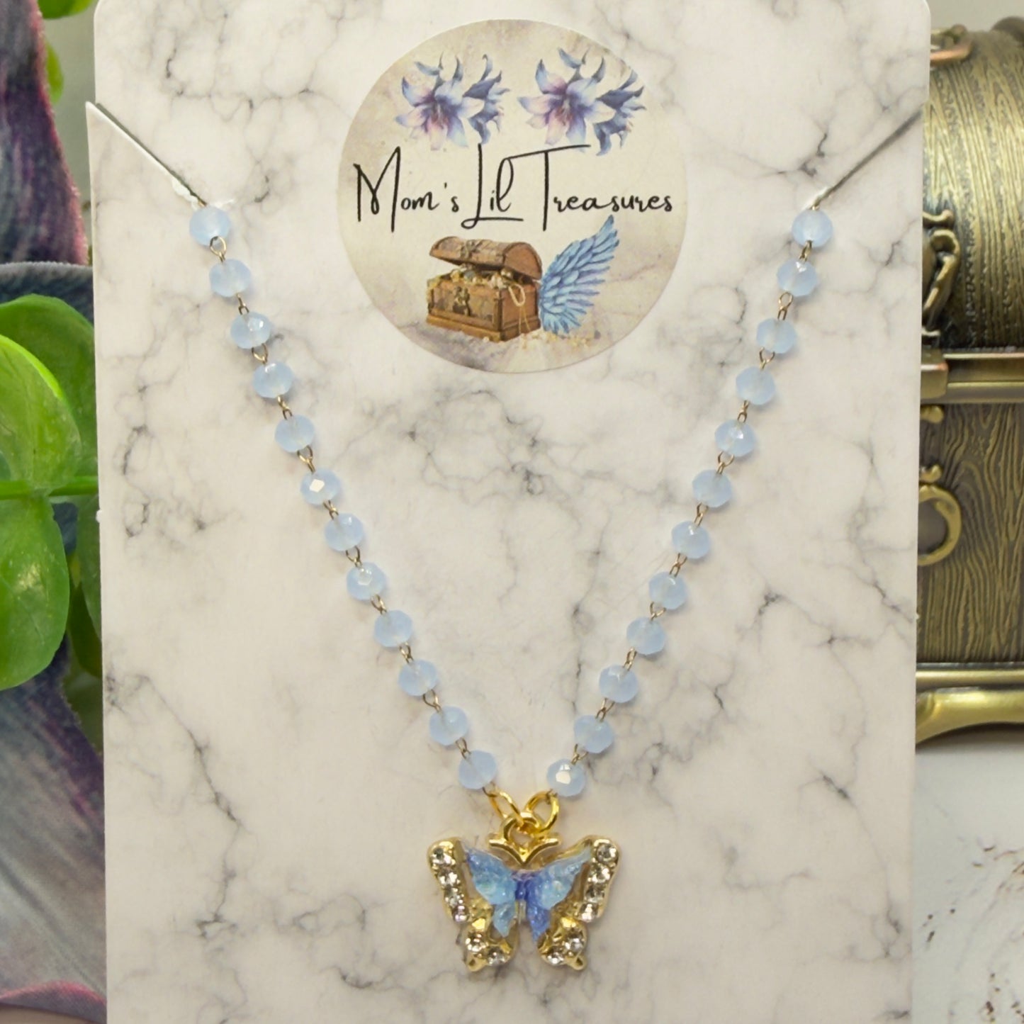 Blue Butterfly Rhinestone Accent Pendant Blue Glass Beaded Doll Necklace • 18 Inch Fashion Doll Jewelry