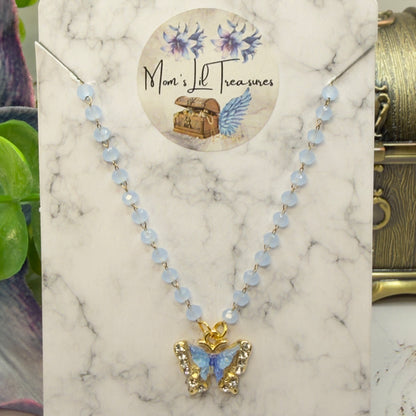Blue Butterfly Rhinestone Accent Pendant Blue Glass Beaded Doll Necklace • 18 Inch Fashion Doll Jewelry