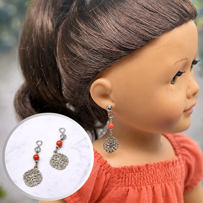 Dark Orange Bead with Silver Filigree Dangle Doll Earring DANGLE ONLY fits 2mm post for 18 Inch Fashion Dolls