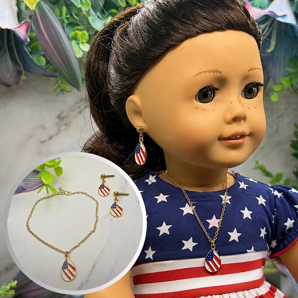Red White Blue Patriotic Flag Design Teardrop Charm Doll Necklace & 2mm Post Earrings | fits 18 Inch Fashion Doll