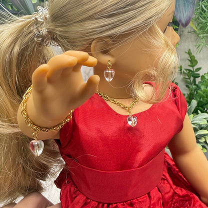 Clear Heart Charm Gold Chain Doll Necklace Bracelet & Earrings • 18 Inch Fashion Doll Jewelry