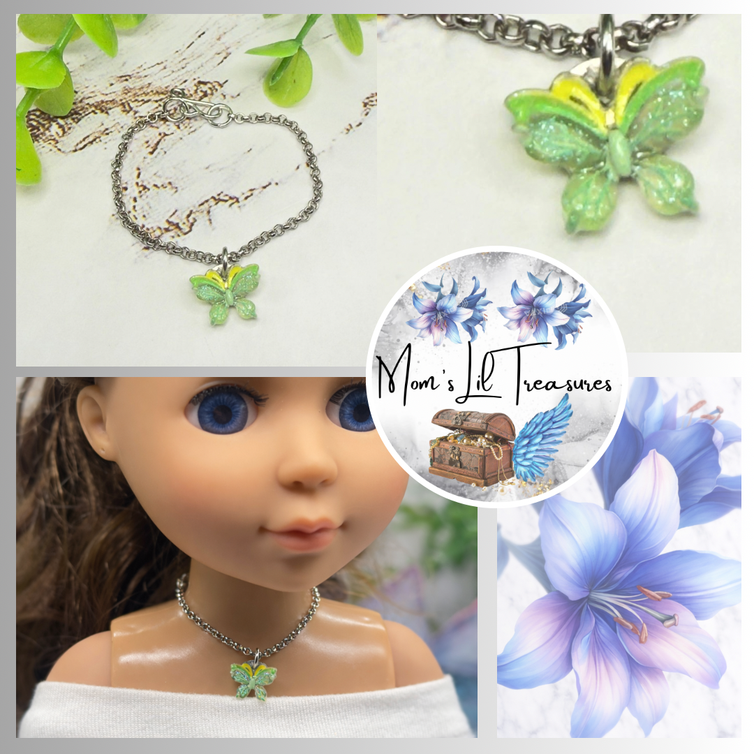 Green Yellow Butterfly Charm Silver Doll Necklace • 14 Inch Fashion Doll Jewelry