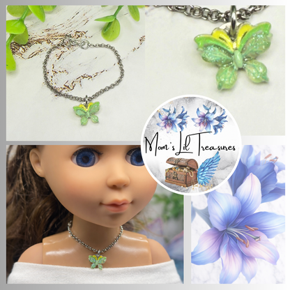 Green Yellow Butterfly Charm Silver Doll Necklace • 14 Inch Fashion Doll Jewelry