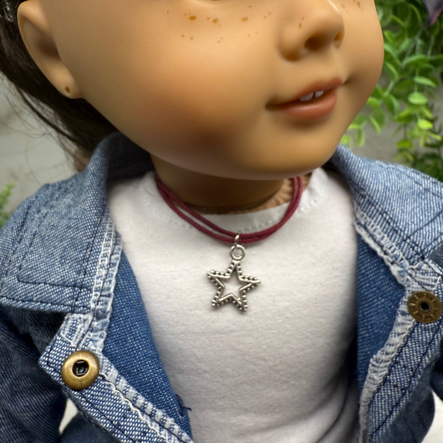 Silver Star Pendant Dark Burgundy Wine Red Fabric Cord Doll Necklace • 18 Inch Fashion Doll Jewelry