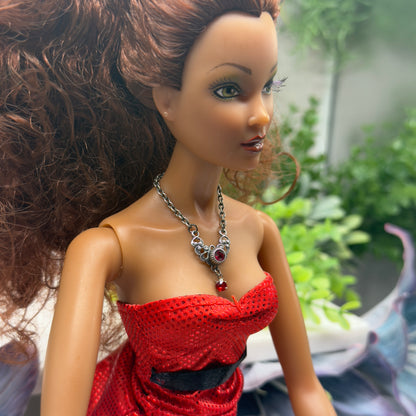 Red Rhinestone Gunmetal Silver Filigree Collar Doll Necklace • 16” Doll Jewelry