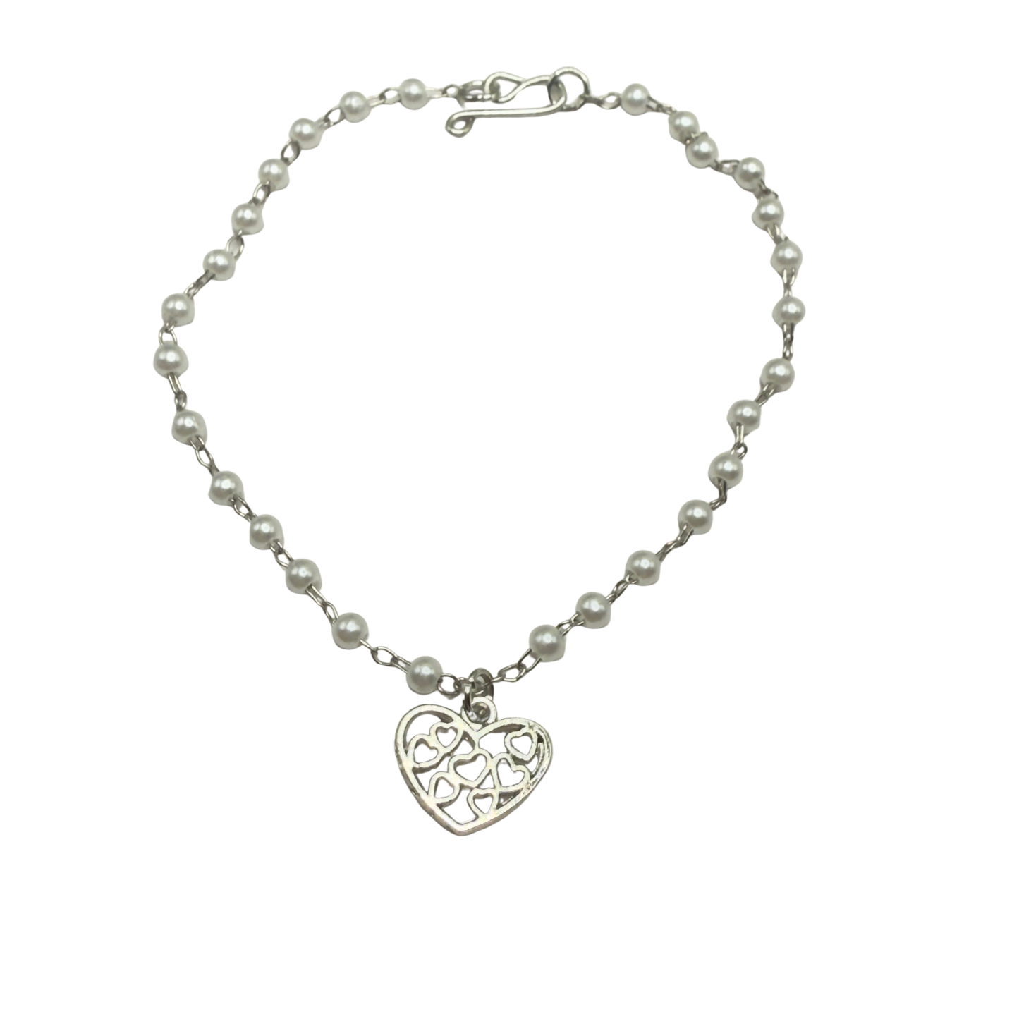 Silver Filigree Heart Charm Pearl Beaded Doll Necklace • 18 Inch Fashion Doll Jewelry
