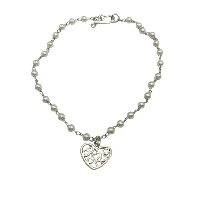 Silver Filigree Heart Charm Pearl Beaded Doll Necklace • 18 Inch Fashion Doll Jewelry