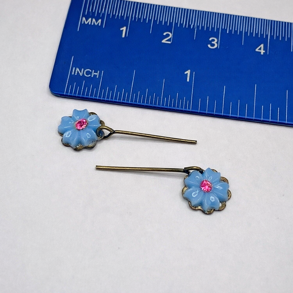 Light Blue Flower Pink Rhinestone Dangle Doll Earrings • 18 Inch Doll Jewelry
