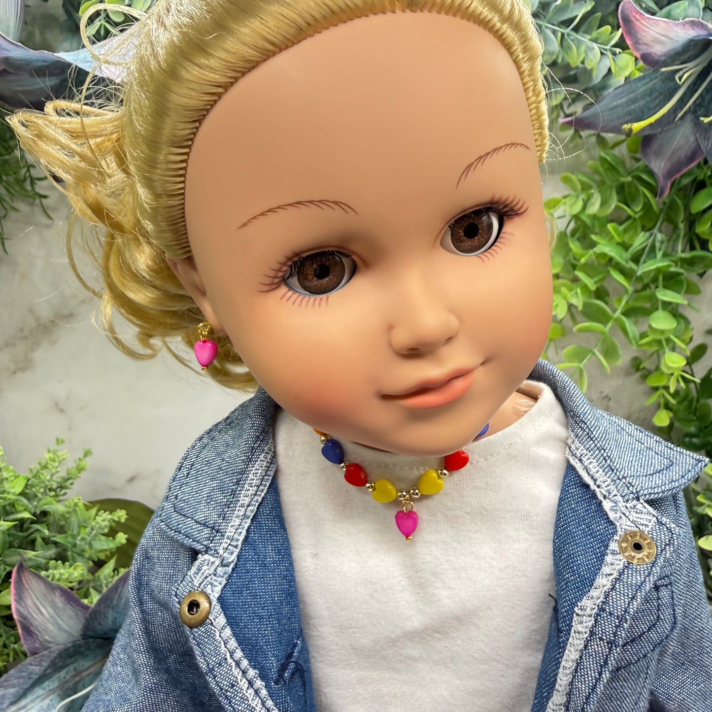 Rainbow Multi Color Heart Beaded Doll Necklace & Earrings Set • 18 Inch Fashion Doll Jewelry