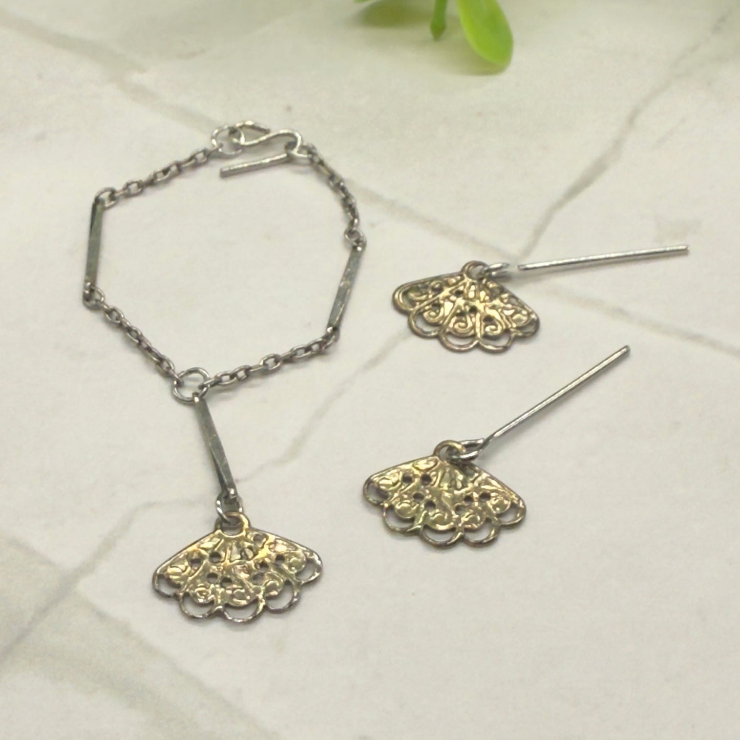 Silver & Gold Filigree Fan Dangle Doll Necklace Earring Set • 16” Doll Jewelry