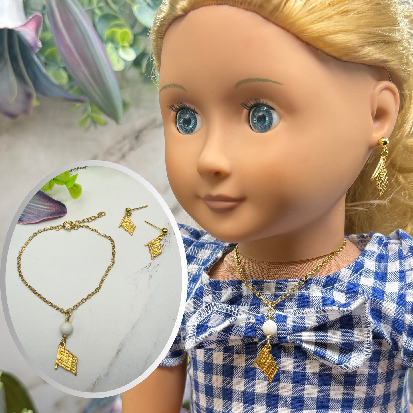 White Bead Gold Flag Dangle Doll Necklace & Earrings Set for 18 Inch Fashion Doll