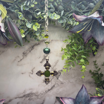 Green Cabochon Silver Cross & Green Bead Chain • Car Mirror Charm / Sun Catcher