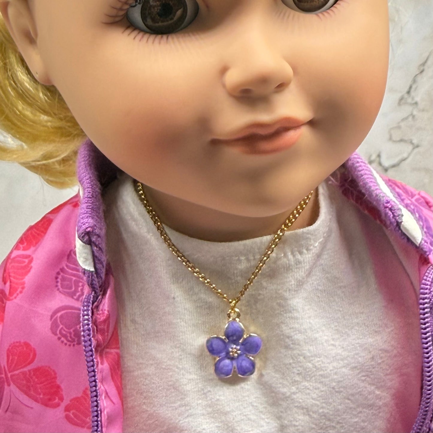 Purple Flower Charm Gold Chain Doll Necklace • 18 Inch Fashion Doll Jewelry