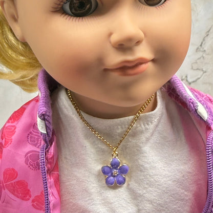 Purple Flower Charm Gold Chain Doll Necklace • 18 Inch Fashion Doll Jewelry