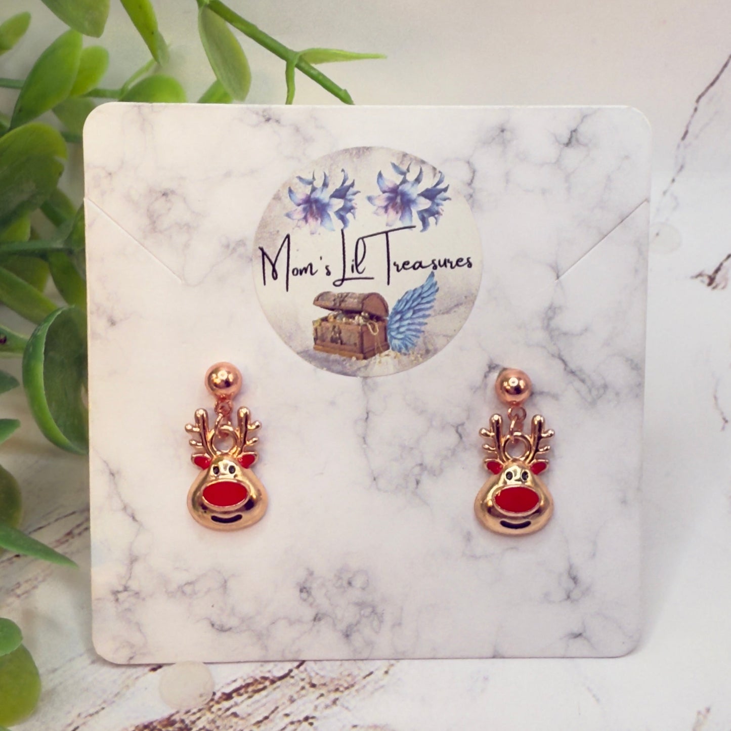 Copper Rose Gold Tone Rudolph Red Nose Reindeer Christmas Dangle Doll Earrings • 18 Inch Fashion Doll Jewelry