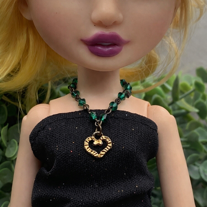 Green Bead Gold Heart Pendant Doll Necklace - RH • 10-12” Fashion Doll Jewelry