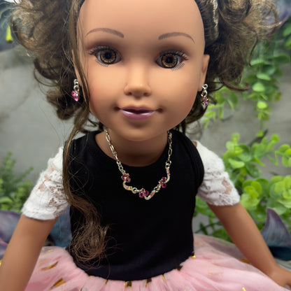 Light Dark Pink Rhinestone Silver Curved Link Doll Necklace & Earrings Set • 18 Inch Fashion Doll Jewelry