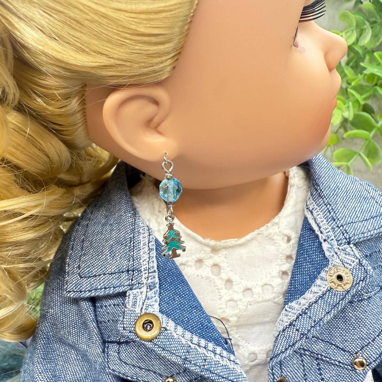 Winter Tree Turquoise Blue Glass Crystal Dangle Doll Earrings • 18 Inch Fashion Doll Jewelry